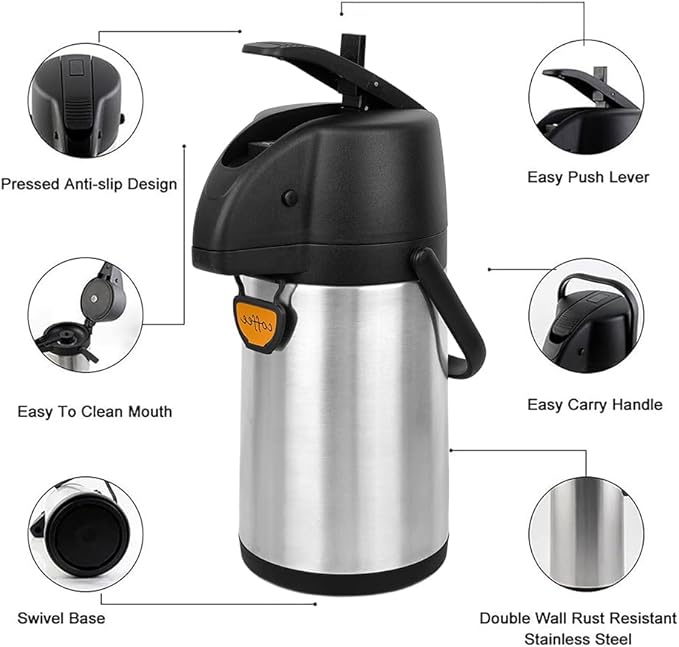 Airpot Coffee Dispenser Thermal with Pump,1.9L/64 Oz Insulated Stainless Steel Large Airpot Coffee Carafe Lever Action for Hot/Cold Water,Thermal Carafe for Hot Cocoa for Parties