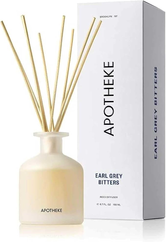 Apotheke Luxury Scented Reed Diffuser for Home, Earl Grey Bitters - 6.7 Fl Oz Essential Oil Aromatherapy - 10 Rattan Scent Sticks Room Diffuser - Long-Lasting Fragrance for Bedroom, Home, Bathroom