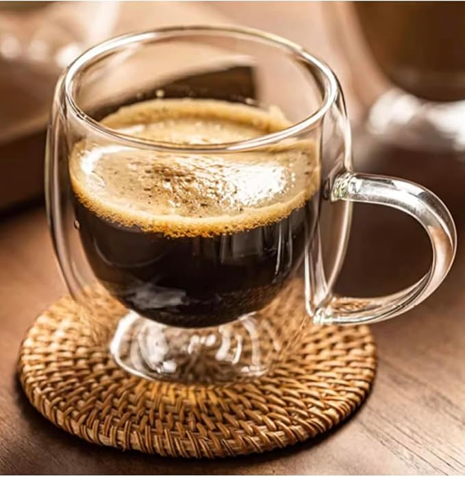 Double Wall Glass Coffee Mugs with Handle, 8.5 oz, Set of 4, espresso coffe cups in your gift box,for latte,tea bags,insulated for hot and cold drinks, Borosilicate Glass