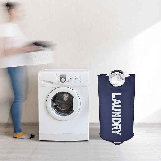 Maxsilan 90L Large Laundry Basket, Freestanding Tall Clothes Hamper, Collapsible Laundry Bag, Dark Blue