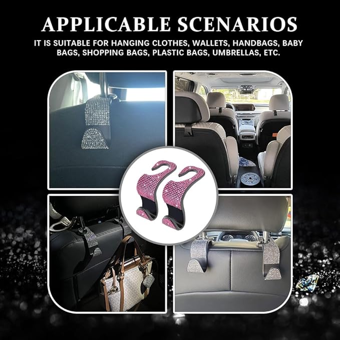 2PCS Car Seat Hooks, Purse Hook for Car, Crystal Rhinestone Vehicle Backseat Purse Holder, Auto Accessories Diamond Auto Seatback Storage Organizer Hanger for Handbag Clothes Purse (Pink)