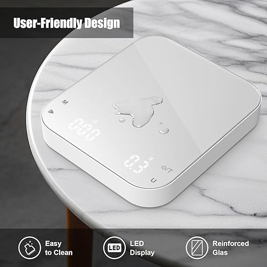 5.9 * 5.1in Coffee Scale with Timer, Diyife 3kg/0.1g High Precision Digital Coffee Scale for Espresso and Pour-Over, Portable, Non-Slip Silicone Mat, Auto-Sleep, White (Type-c Charging Included)