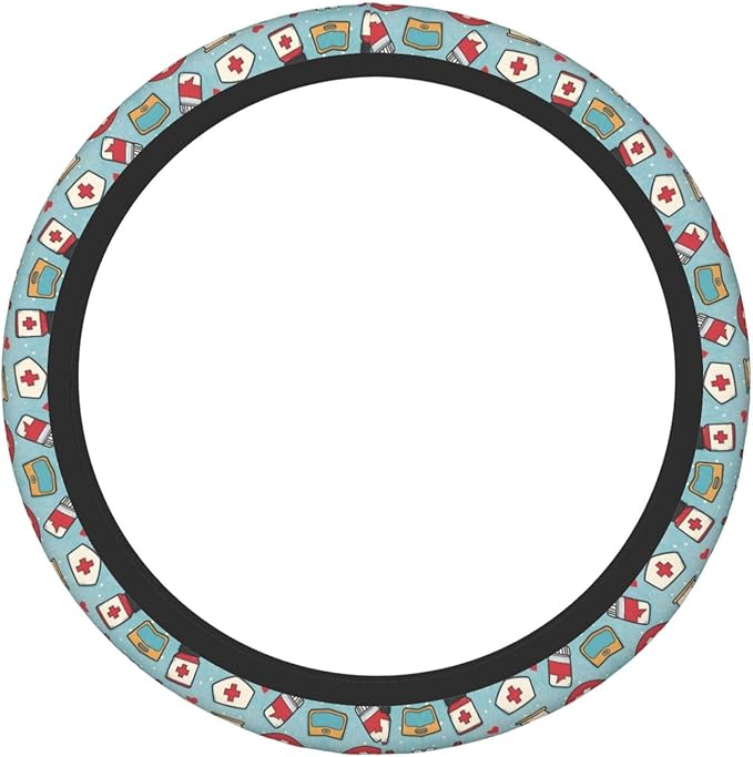 Nurse Whimsy Blue Universal Fit Steering Wheel Cover for Car, Truck, and SUV, Durable Steering Wheel Protection