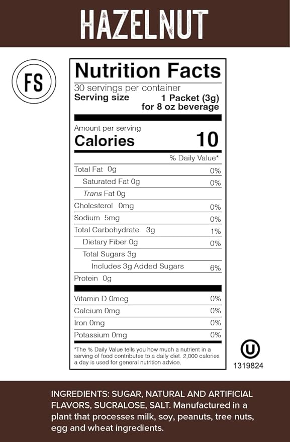 Flavor Singles Hazelnut Powdered Sweetener Packets for Coffee & Tea, Travel Ready Single-Serve Syrup Alternative, 30 Count (Pack of 1)