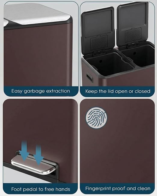 ComfyCorner 16 Gal (2 x 30 L) Dual Trash Can, Stainless Steel Kitchen Garbage Bin, Recycle Dustbin with Odor Control Box, Soft-Close Lid, Inner Buckets, Side Handle, Step Pedal, for Home Office