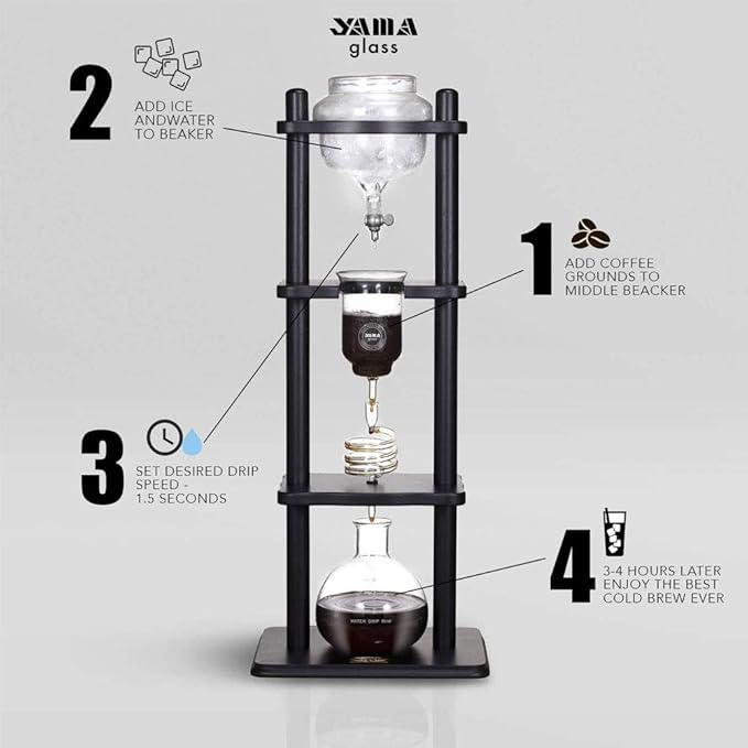 Yama Cold Brew Maker I Ice Coffee Machine With Slow Drip Technology I Makes 6-8 cups (32oz), Large Capacity Cold Brew Coffee Tower, Black Wood Straight Frame