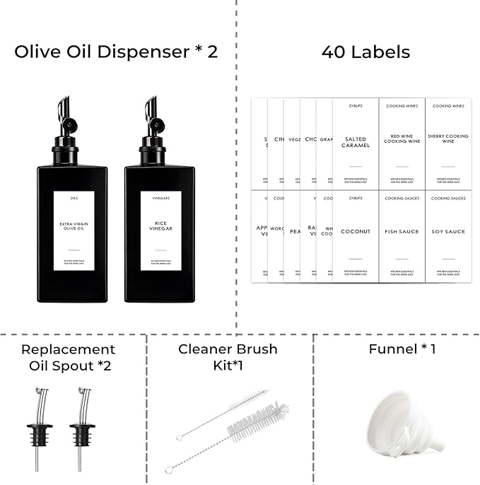2PCS 16.9oz Olive Oil Dispenser Bottle For Kitchen, Soy Sauce Dispenser, Dark Glass Bottles for Oil and Vinegar Dispenser Set W.2 Replacement Spouts & Labels, Coffee Syrup Dispenser (Black)