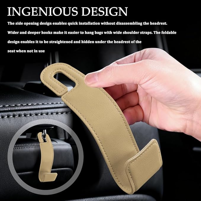 1PCS Purse Holder for Car, Purse Hook for Car, Leather Headrest Hooks for Automotive Back Seat, Auto Accessories Back Seat Organizer Hook for Grocery Bag Handbag Coat (Beige, 1PCS)