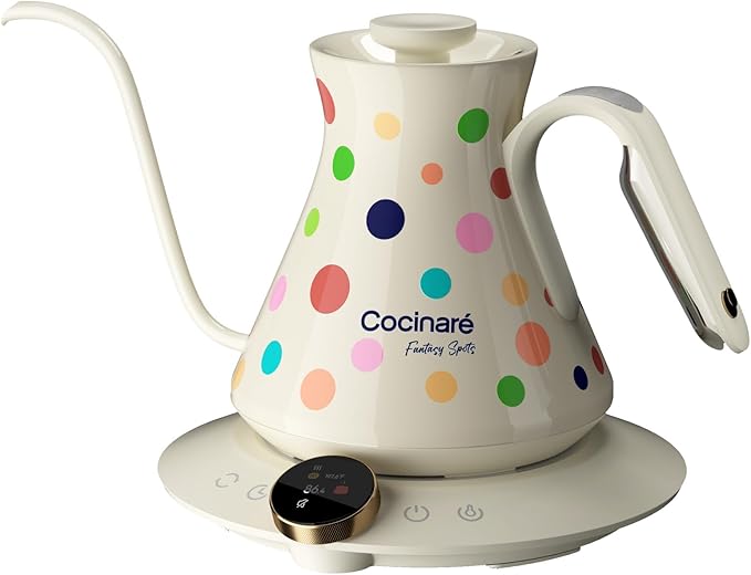 Cocinare Color-changing Collection Polka Gooseneck Electric Kettle, ±0.5℉ Precise Temperature Control for Pour-Over Coffee & Tea, Quick Heating 1500W, Stainless Steel Interior, 0.9L