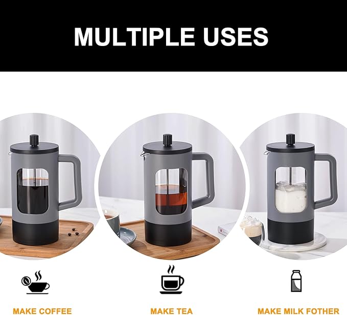 YOLIFE French Press Coffee Maker, 34 oz / 4 Cup Coffee Tea Press with Heat-resistant Borosilicate Glass, 4-Level Filtration Systems, Cold Brew Coffee Maker for Camping Travel Gifts, Grey and Black