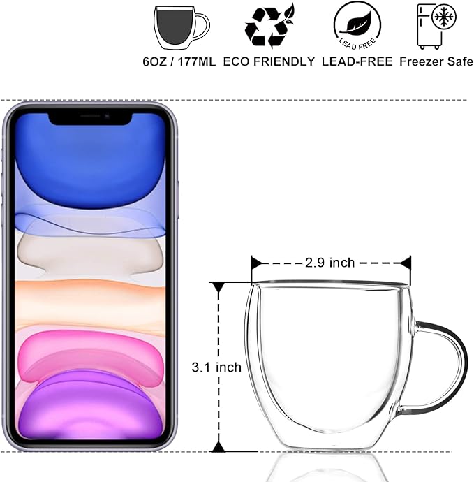 KitchenTour Insulated Coffee Mug 6 oz- Double Wall Glass Coffee Cup with Handle Set of 4 - Clear Glass Drinkware for Espresso，Cappuccino, Latte，Hot Beverages