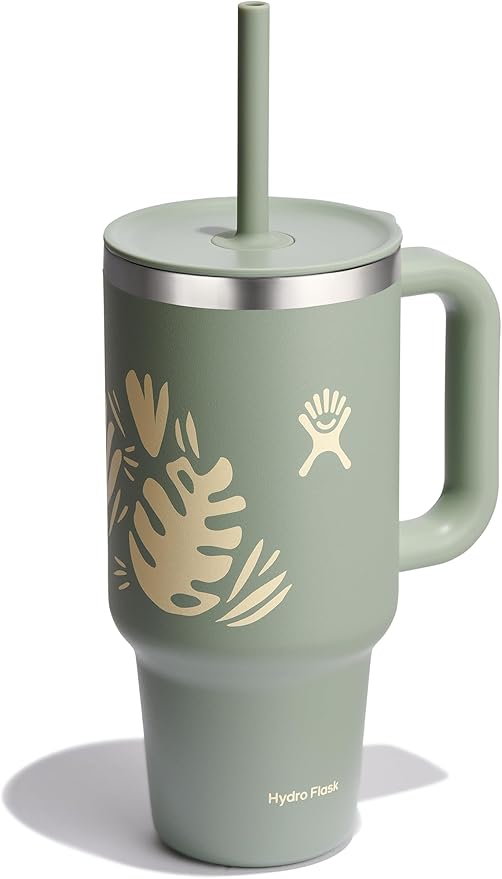 Hydro Flask Travel Tumbler with Handle, Lid and Straw - Insulated Stainless Steel in 32 Oz Botanical Bliss Green