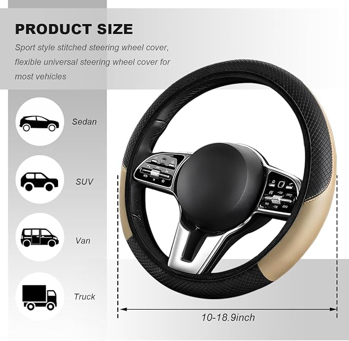 Car Steering Wheel Cover, 15 Inch Carbon Fiber Elastic Vehicle Steering Wheel Protector, Breathable Leather Auto Wheel Covers for Women Men, Interior Car Accessories (Beige, AD)
