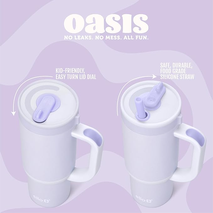 Ello Oasis 14oz Stainless Steel Toddler Tumbler with Handle & Retracting Straw, 100% Leakproof, Double-Wall Vacuum Insulated, Kids Water Bottle for School, BPA Free, Dishwasher Safe, Lavender Fields