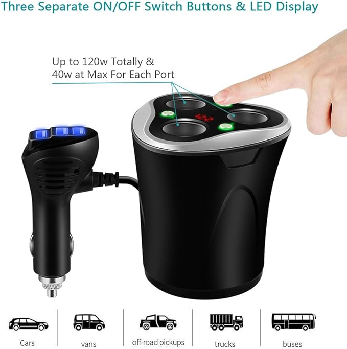 Skyocean 3 Socket Cigarette Lighter Splitter Power Adapter + 3 USB Car Charger 120W 12V/24V DC Outlet with Volt Meter, On/Off Switch for Cell Phone GPS Dash Cam & All Electronic Devices (Black)