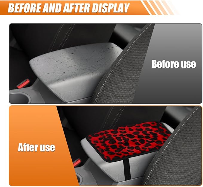 Craedli Leopard Print Car Center Console Cover, Fluffy Soft Car Arm Rest Protective Cushion with Elastic Band, Comfortable Warm Auto Interior Armrest Box Decoration Pad for SUV Truck (Red)