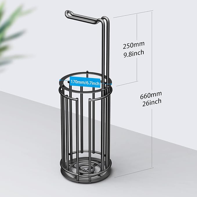 Meangood Toilet Paper Holder Stand and Tissue Paper Roll Dispenser for 4 Mega Rolls, Bathroom Free Standing Tissue Roll Storage Holder Rack, Detachable (Matte Black)