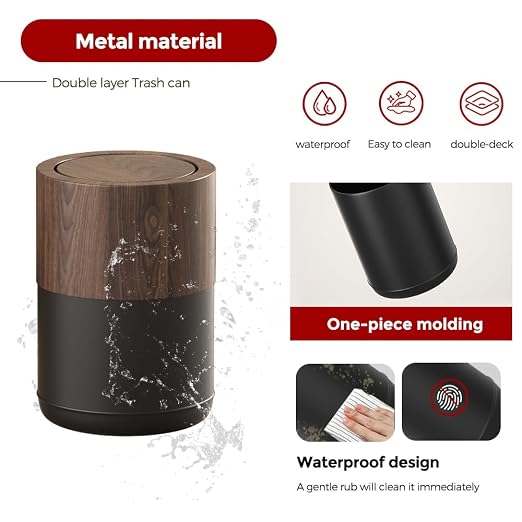 15L/4GAL Modern Metal Waste Bin with Realistic Wood Texture,Built-in Bag Holder,Swing Lid Trash Bin for Bathroom,Home,Office,Living Room (4gal Swing lid)
