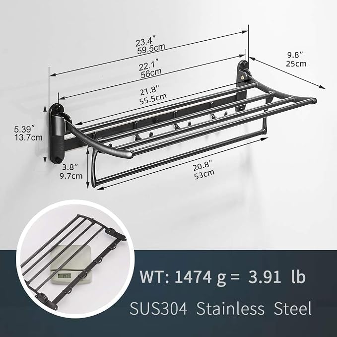 BESy 24 Inch Oil Rubbed Bronze Towel Racks, Bathroom Towel Shelf with Foldable Towel Bar Holder and Towel Hooks, Wall Mounted Multifunctional Bathroom Accessories, Double Towel Bars