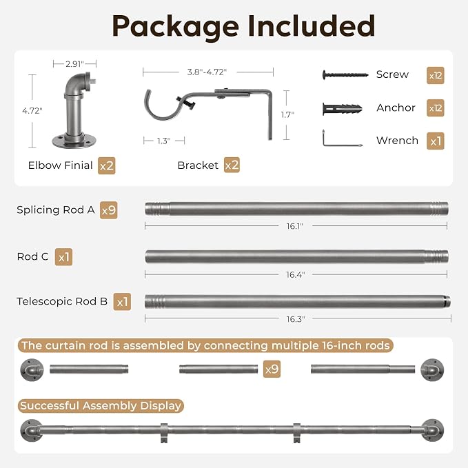 Zeerobee Curtain Rods for Windows 144 to 168, 1 Inch Industrial Wrap Around Grey Curtain Rod, Indoor/Outdoor Room Divider Adjustable Drapery Pole, 144"-168"