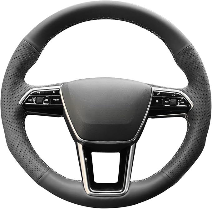 MEWANT Custom Hand Sew Black Genuine Leather Steering Wheel Cover for Audi A6 A6 Allroad A7 RS 6 Avant RS 7 S6 A7
