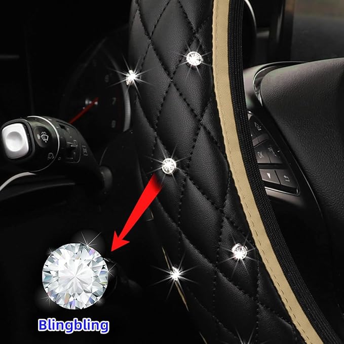 Bling Car Steering Wheel Cover, Rhinestones Elastic Leather Automotive Steering Wheel Protector, 15 Inch Sparkly Crystal Vehicle Interior Decor Accessories, Universal Fit (Beige)