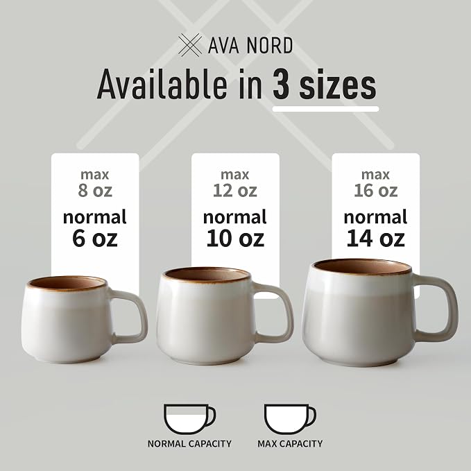 Ava Nord Small Ceramic Coffee Mugs Set of 4 | 8 oz Stoneware Coffee Cups | Lead-Free, Non-Toxic | Microwave & Dishwasher Safe | Comfortable Handle | Aesthetic Nordic Design for Cappuccino | Sage Ash