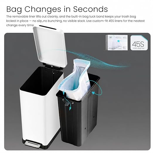 Home Zone Living 12 Gallon Slim Kitchen Trash Can with Soft Close Lid, Step Pedal, Bag Tuck Band, and Removable Liner, Stainless Steel, Matte White