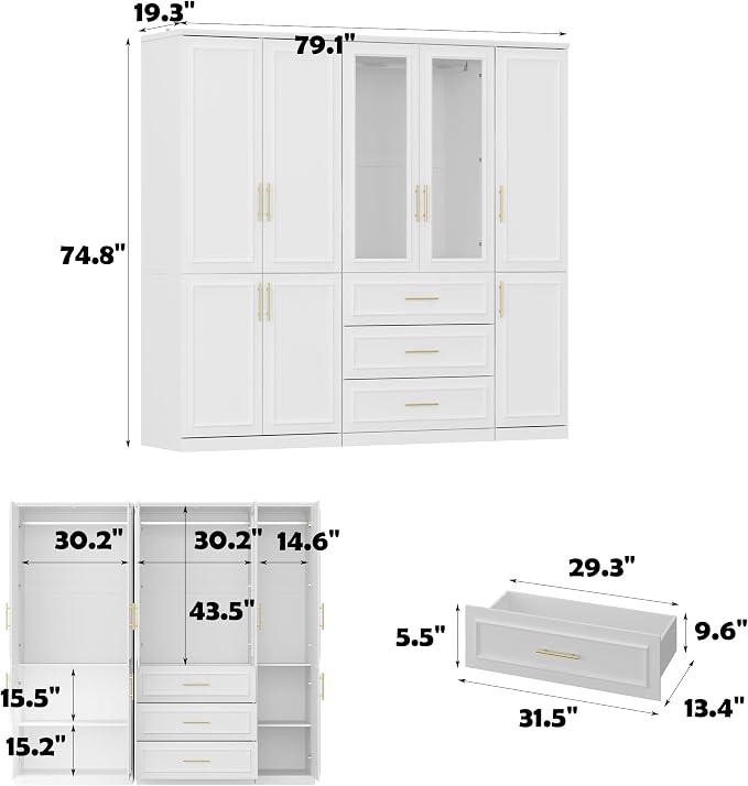 FUFU&GAGA Wardrobe Closet Collection with Doors, Modern White Bedroom Armoire System with Gold Handles, Modern Clothes Storage Cabinet with Drawers, Shelves, Hanging Rods, 79.1”W x 19.3”D x 74.8”H