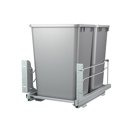 Rev-A-Shelf Double 35 Qt Pullout Trash Cans with Soft-Close for Under Kitchen Cabinets, Min Opening Width of 14.5", Metallic Silver, 53WC-1835SCDM-217
