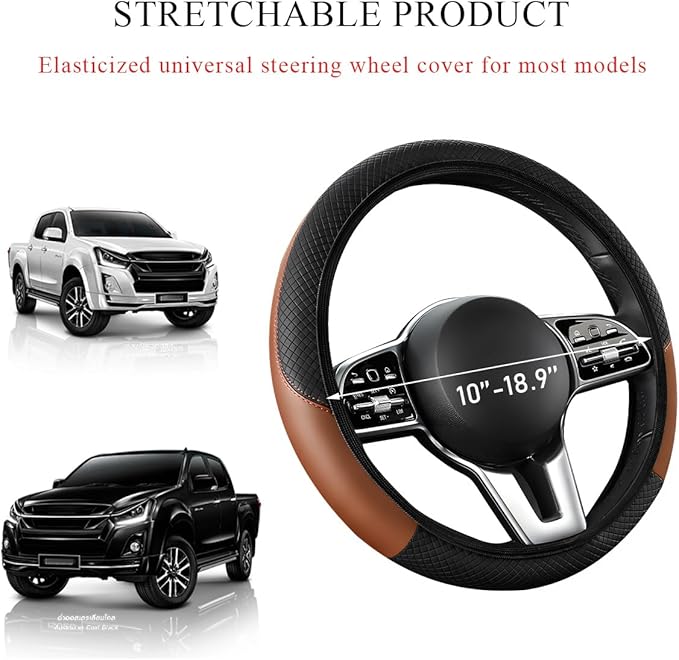 Elastic Steering Wheel Cover - Carbon Fiber Microfiber Leather Vehicle Steering Wheel Protector with Anti-Slip Lining - Black + Coffee, AD