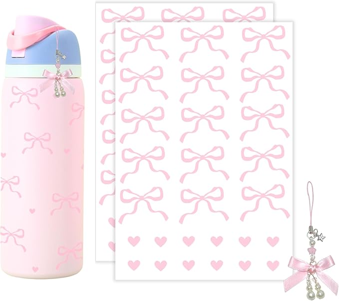 Bows Stickers for Custom Owala Accessories, Heart Decals Transfer Stickers for Water Bottles, Bows Pearl Charms for Owala (Pink)