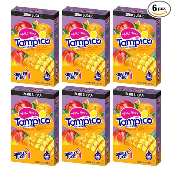 Tampico Singles To Go Drink Mix Packets, Mango Punch, Zero Sugar, Low Calorie, 100% DV of Vitamin C per Serving, Convenient, On-The-Go Water Enhancers, 6 Count (Pack - 6)