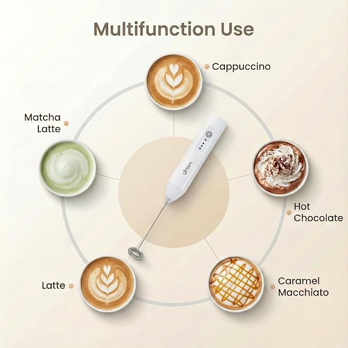 Gerbera Rechargeable Milk Frother Handheld,3 Speed Adjustable Electric Whisk Foam Maker, Handheld Drink Mixer, Frother Wand,Milk Foamer for Protein Powder, Drinks (White)