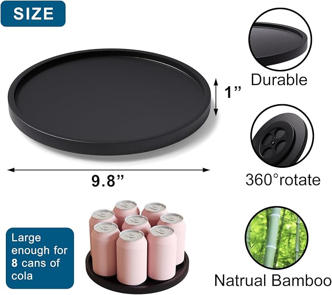 VERTORGAN Lazy Susan Organizer for Kitchen,Bamboo Turntable for Cabinet,Pantry,Vanity,Middle（Black）