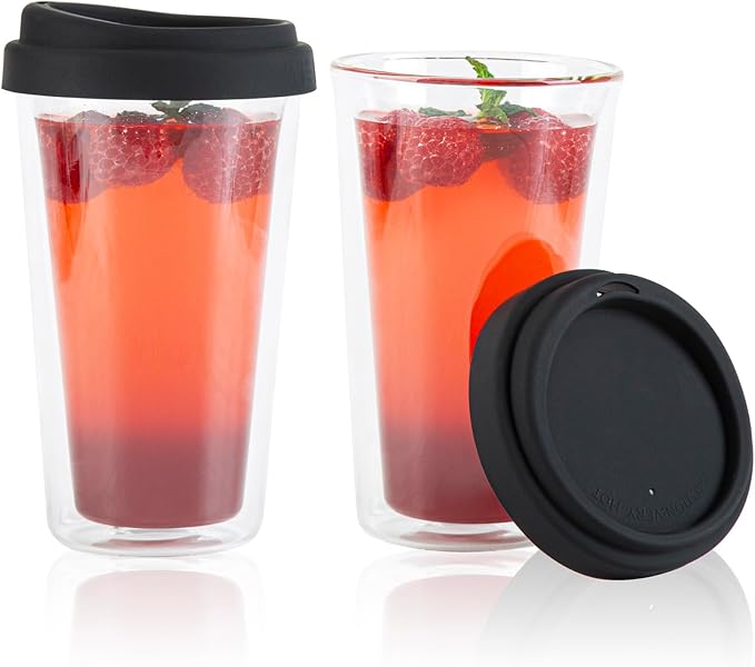 Restaurantware - Forma Professional 13.5 Ounce Insulated Travel Mugs With Lids, 10 Double Wall Coffee Mugs - Includes Lids, Reusable, Clear Borosilicate Glass Tumblers, Dishwashable, Microwavable
