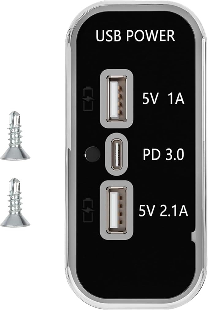 3 Ports 12V USB Outlet, 12V/24V Wall Mount Car USB Socket Charger Adapter,3.1A Dual USB A Port & PD3.0 USB C Port Charger Socket for RV Marine Boat Bus ATV Motorcycle Truck-1 Pack