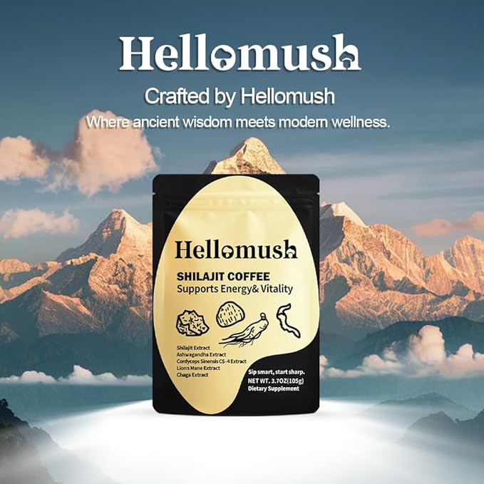 Hellomush Organic Shilajit Coffee - Premium Himalayan Shilajit Coffee Blend With Cordyceps, Lion's Mane, Chaga & Ashwagandha - Natural Energy & Focus Booster - Superfood with Rich Flavor - 3.7 oz