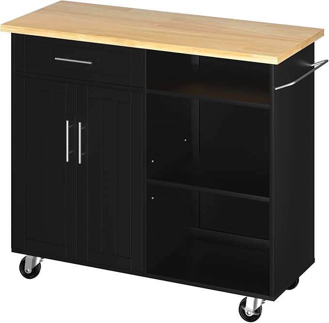 SUNLEI Kitchen Island Cart on Wheels with Storage Cabinet & Drawer, 42" Multifunction Kitchen Cart Cabinet with Shelves, Cart Handle for Towel Rack or Free Mobility,Black