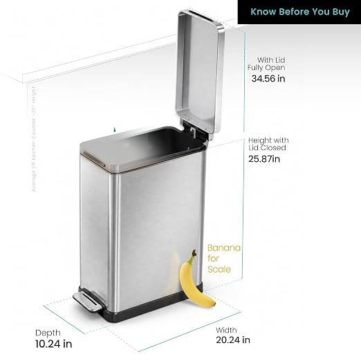Home Zone Living 12 Gallon Kitchen Trash Can with Slim Fit Design | Stainless Steel with Soft-Close Step Pedal Lid, Bag Tuck Band for Easier Bag Changes, Rectangular Shape, Silver
