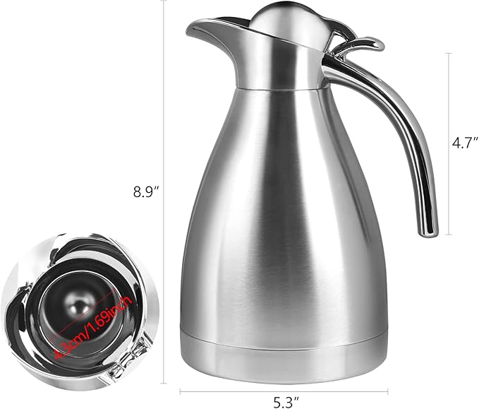 34 oz Food-grade Stainless Steel Thermal Carafe/Double Walled Vacuum Insulated Coffee Pot with Press Button Top, 12+ Hrs Heat&Cold Retention for Coffee,Tea,Beverage etc (1.0L)