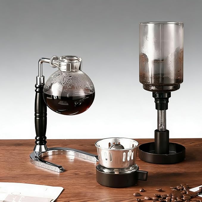 Borosilicate Glass Siphon Coffee Maker - Japanese Style Vacuum Syphon Brewer with Alcohol Burner & Adjustable Buffer Clamp, High-Temp Resilient Tabletop Coffee Pot for Aficionados 5-Cup (600ml)