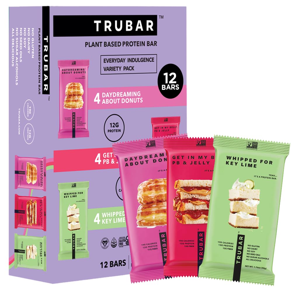 TRUBAR Vegan Protein Bar Variety Pack, Assorted Flavors, Peanut Butter, Macchiato, Cookie Dough, Gluten Free, Vegan Protein Snacks, 12G Plant-Based Protein, High Fiber, Healthy Protein Bars, 12 CT