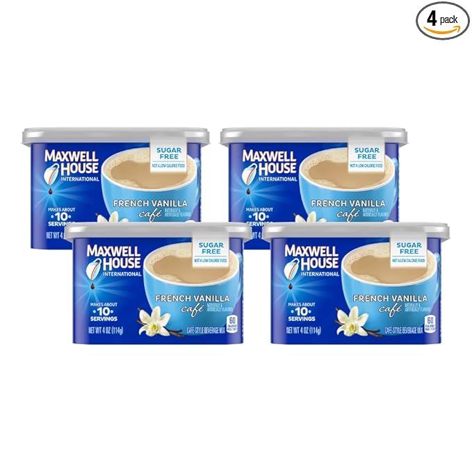 Maxwell House International French Vanilla Sugar Free Cafe Beverage Mix 4 oz Canisters, Pack of 4