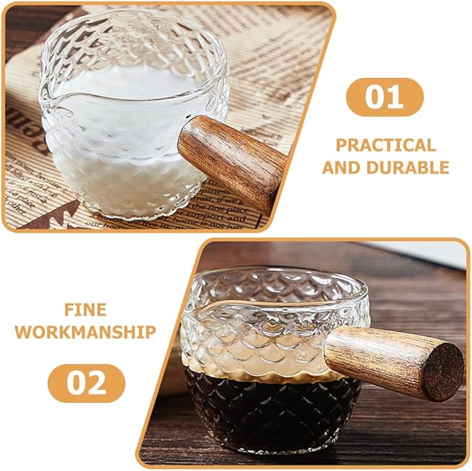 Cabilock 3pcs Glass Milk Pitcher with Wooden Handle, 6 Oz Small Glass Creamer Pitcher Set, Transparent Creamer for Coffee, Tea, Syrup, Salad Dressing