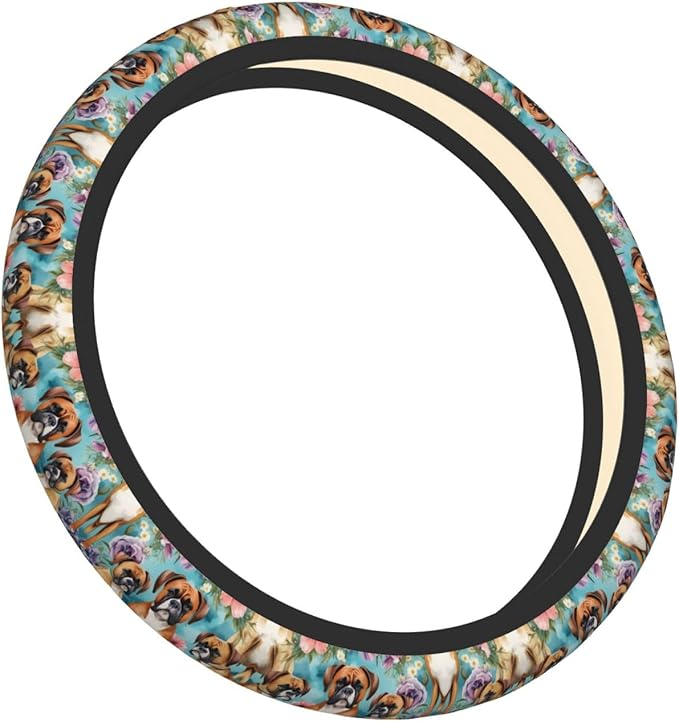 Boxer Dog Florals Mint Flowers Neoprene Steering Wheel Covers Women Men Car Accessories, Universal 15 Inch Fit Auto, Suvs, Truck
