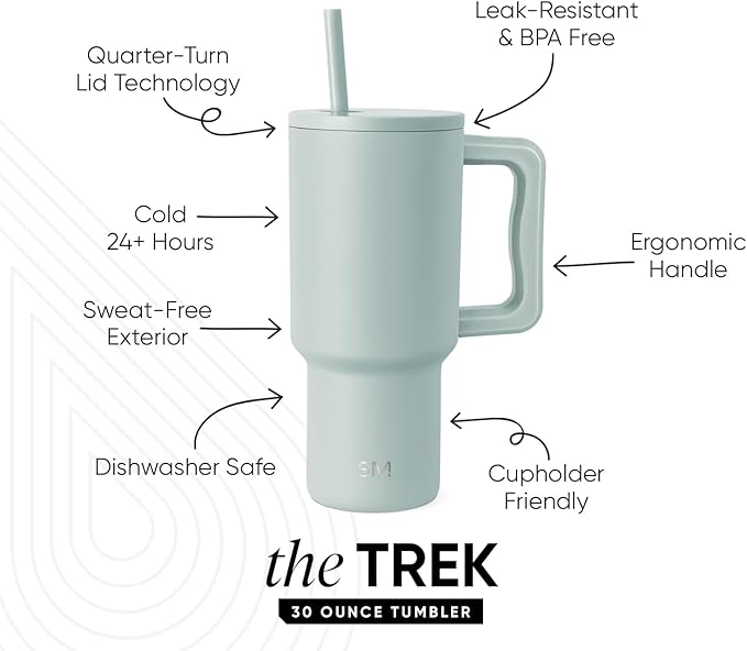Simple Modern 30 oz Trek Tumbler with Handle and Straw Lid | Cup Holder Friendly Insulated Stainless Steel Travel Mug | Sea Glass Sage