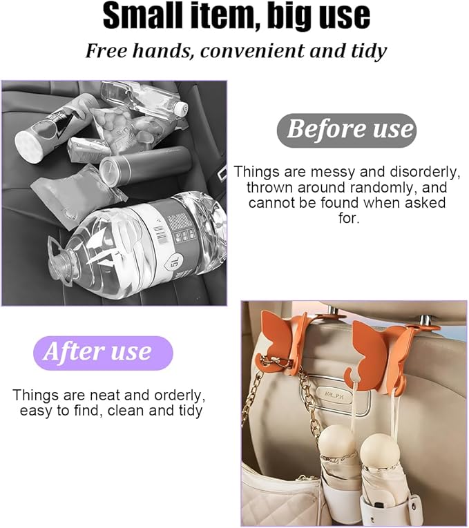 2PCS Car Seat Headrest Hook, Cute Butterfly Backseat Storage Hanger Organizer for Purse Handbag Umbrella, Auto Interior Seat Back Hook Holder Decor, Universal for SUV Truck Van (Orange)