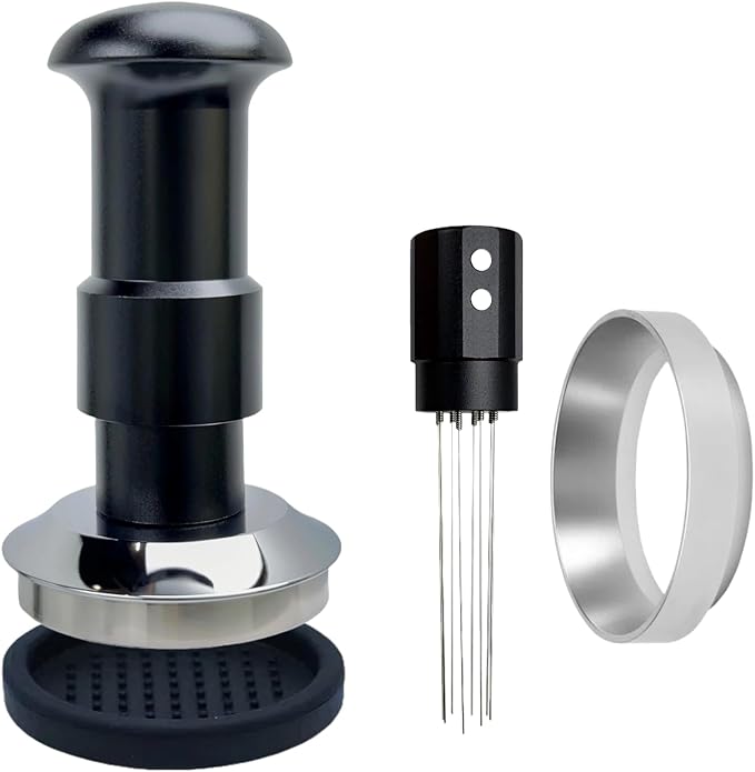 Espresso Tamper Double Spring Loaded 51mm with WDT Tool Espresso Accessories Kit, Stainless Steel Corrugated Base, Dosing Funnel, Tamper Mat (51mm & Magnetic wdt)