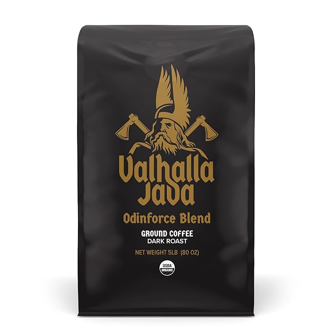 Death Wish Coffee, Valhalla Java Dark Roast Grounds - Extra Kick of Caffeine - 5 Lb. - Bold & Intense Blend of Arabica Robusta - USDA Organic - Strong Coffee for Morning Boost